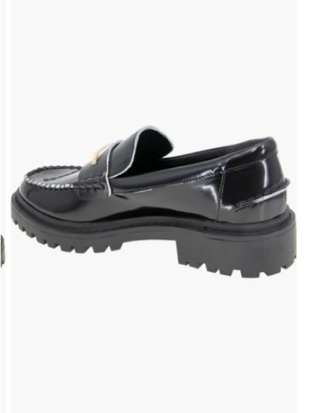 BCBG Black Patent Leather Laney Lug Penny Loafers with Gold Vamp Buckle Preppy - Picture 12 of 16